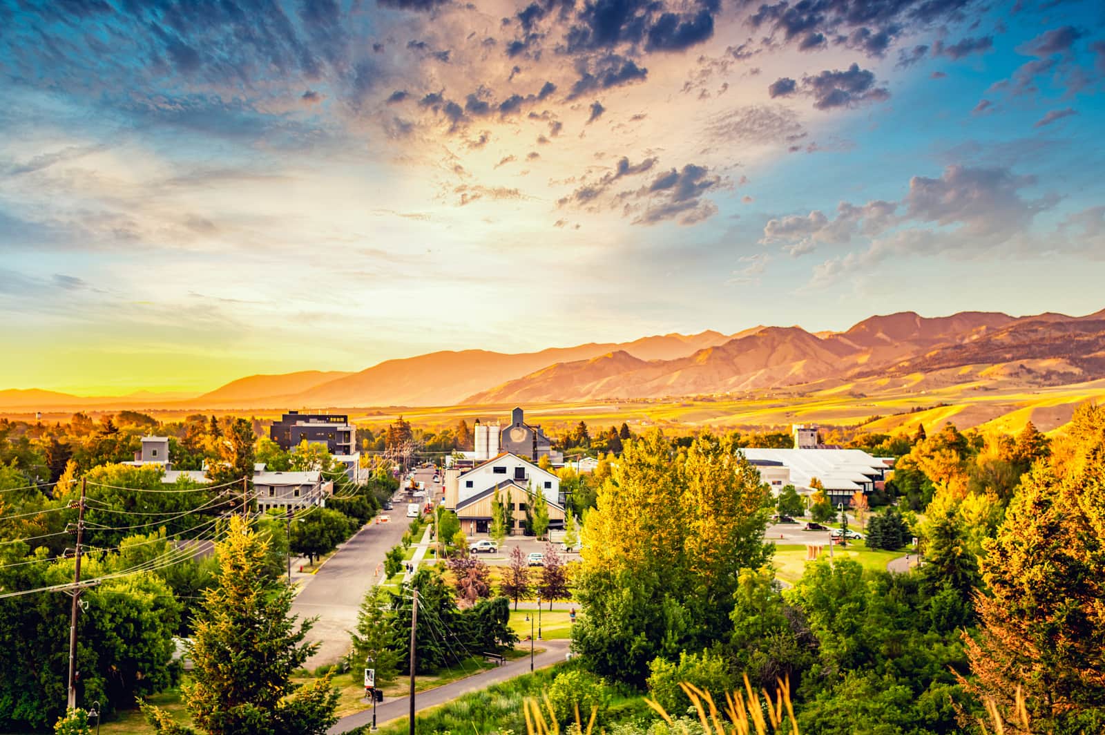 Downtown Bozeman, Montana at sunset, with the Bridger Mountains in the background
